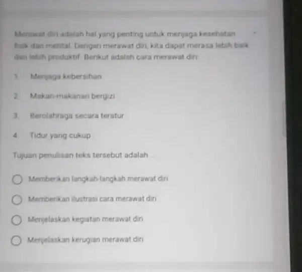 Merawat diri adalah hal yang penting untuk menjaga kesehatan fisik dan mental. Dengan metawat diri, kita dapat merasa lebih baik dan lebih produktif Berikut