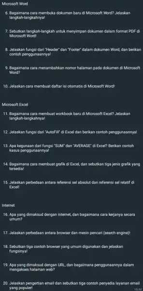 Microsoft Word 6. Bagaimana cara membuka dokumen baru di Microsoft Word? Jelaskan langkah-langkahnya! 7. Sebutkan langkah-langkah untuk menyimpan dokumen dalam format PDF di Microsoft