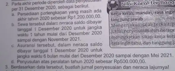 Milaikarakter Bang Kerja keras, mandiri, rasa ingin tanggung jawab Mengerjakan soal terkait P jurnal nenyesuaian dan neraca meningkatkan sikap kerja-keli rasaingin-tahu,dan tanggung") 2. Pada