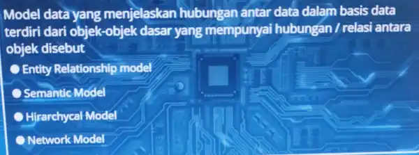 Model data yang menjelaskan hubungan antar data dalam basis data terdiri dari objek-objek dasar yang mempunyai hubungan /relasi antara objek disebut C Entity Relationship