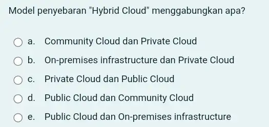 Model penyebaran "Hybrid Cloud" menggabungkan apa? a. Community Cloud dan Private Cloud b. On-premises infrastructure dan Private Cloud c. Private Cloud dan Public Cloud