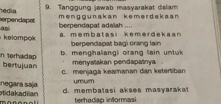 nedia erpendapat asi kelompok n terhadap bertujuan negara saja tidakadilan monoooli 9. Tanggung jawab masyarakat dalam menggunakan k emerdekaan berpendapat adalah __ a. membatasi