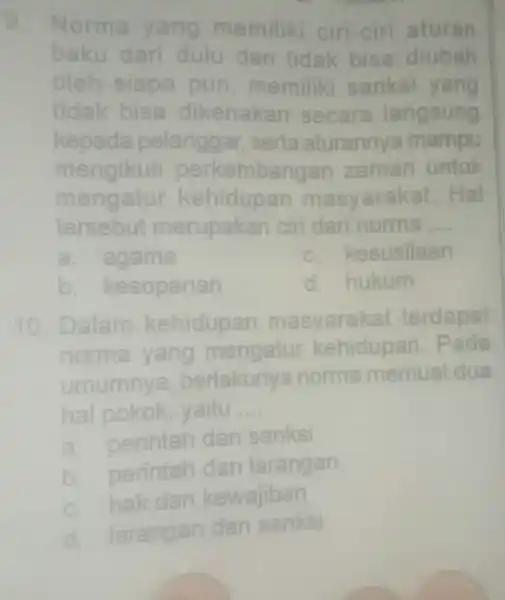 nervous Norma yang memiliki ciri-ciri aturan baku dari dulu dan tidak bisa diubah oleh siapa pun ,memiliki sanksi yang tidak bisa dikenakan secara langsung