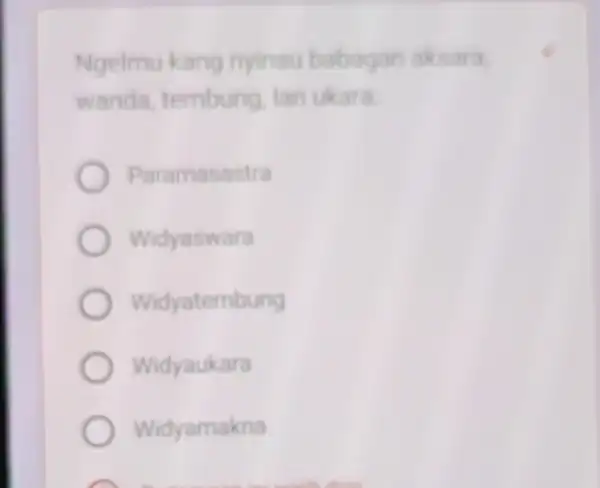 Ngelmu kang nyinau babagan aksara wanda tembung, lan ukara Paramasastra Widyaswara Widyatembung Widyaukara Widyamakna