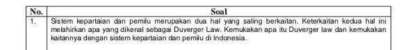 No. 1. Soal Sistem kepartaian dan pemilu merupakan dua hal yang saling berkaitan. Keterkaitan kedua hal ini melahirkan apa yang dikenal sebagai Duverger Law.