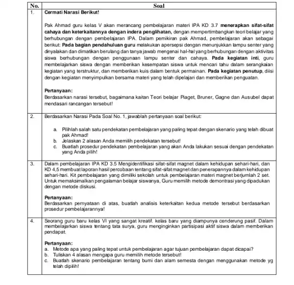 No. Cermati Narasi Berikut! Pak Ahmad guru kelas V akan merancang pembelajaran materi IPA KD 3.menerapkan sifat-sifat cahaya dan keterkaitannya dengan indera penglihatan, dengan