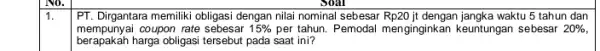 No. PT. Dirgantara memiliki obligasi dengan nilai nominal sebesar Rp20 jt dengan jangka waktu 5 tahun dan mempunyai coupon rate sebesar 15% per tahun.