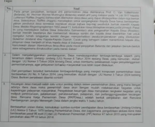 No. Soal 1. Pada jaman penjajahan terdapat ahli pemerintahan desa diantaranya Prof. C. Van Vollenhoven (Belanda),Mr Wamer Muntinghe adalah ahli yang melapor pada 14