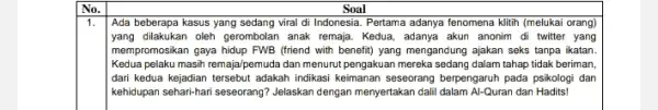 No. Soal Ada beberapa kasus yang sedang viral di Indonesia Pertama adanya fenomena klitih (melukai orang) yang dilakukan oleh gerombolan anak remaja. Kedua, adanya