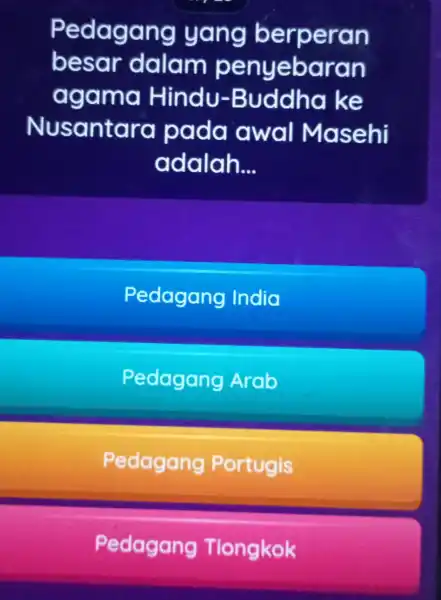 P edagang yang berperan besar dalam penyebar on agama ke Nusantara pada awal Masehi adalah __ Pedagang India Pedagang Arab Pedagang Portugis Pedagang Tiongkok