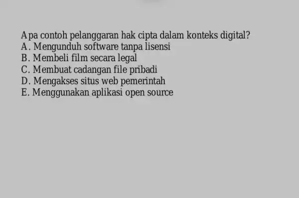 A pa contoh pelanggaran hak cipta dalam konteks digital? A. Mengunduh software tanpa lisensi B. Membeli film secara legal C. Membuat cadangan file pribadi