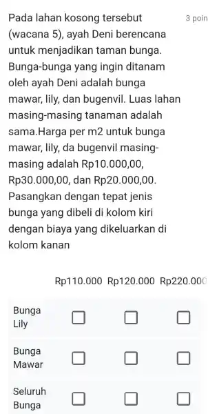 Pada lahan kosong tersebut (wacana 5), ayah Deni berencana untuk menjadikan taman bunga Bunga -bunga I yang ingin ditanam oleh ayah Deni adalah bunga