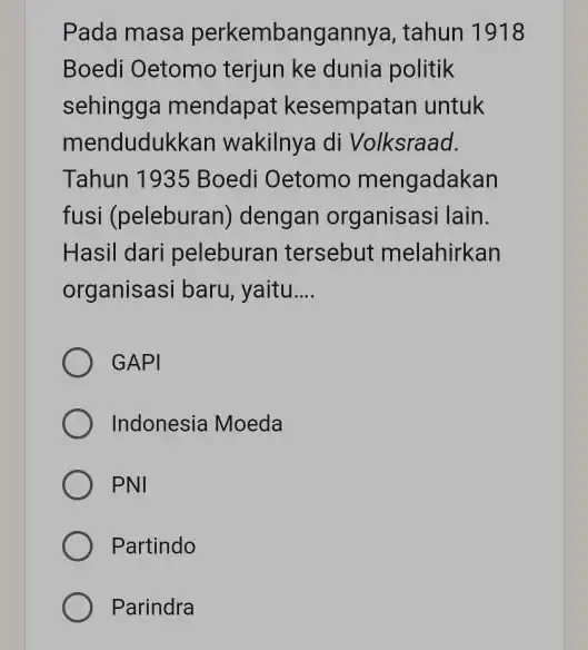 Pada masa perkembangannya, tahun 1918 Boedi Oetomo terjun ke dunia politik sehingga mendapat kesempatan untuk mendudukkan wakilnya di Volksraad. Tahun 1935 Boedi Oetomo mengadakan