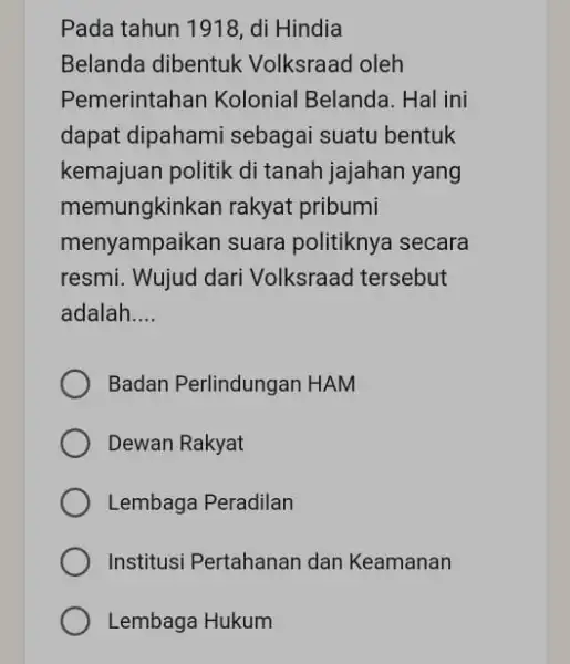 Pada tahun 1918, di Hindia Belanda dibentuk Volksraad oleh Pemerintahan Kolonial Belanda. Hal ini dapat dipahami sebagai suatu bentuk kemajuan politik di tanah jajahan