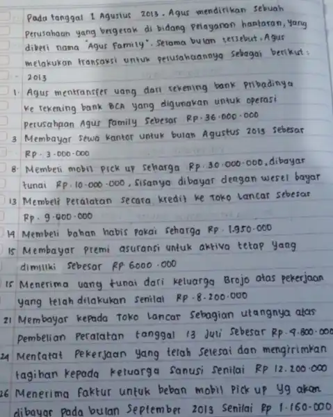 Pada tanggal 1 Agustus 2013 .Agus mendirikan sebuah Perusahaan yang bergerak di bidang pelayanan hantaran,yang diberi nama Agus Fami1y . Selama bulan tersebut,Agus melakukan