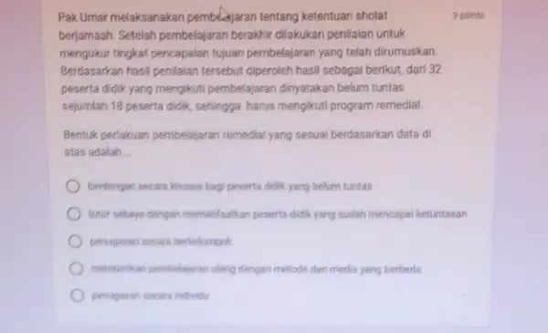 Pak Umar melaksanakan pembeajaran tentang ketentuan sholat berjamaah. Setelah pembelajaran berakhir dilakukan penilaian untuk mengukur tingkat pencapaian tujuan pembelajaran yang telah dirumuskan Berdasarkan hasil