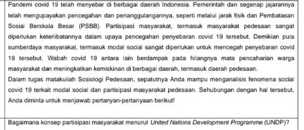 Pandemi covid 19 telah menyebar di berbagai daerah Indonesia. Pemerintah dan segenap jajarannya telah mengupayakan pencegahan dan penanggulangannya, seperti melalui jarak fisik dan Pembatasan