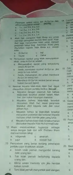 Pasangan antara nama lain Al-Qur'an dan artinya yang benar adalah __ (HOTS) a 1-c, 2-e,3-b,4-a 5-d b. 1-d, 2-0.3-a.4-c 6-b c 1-a, 2-d, 3-c,