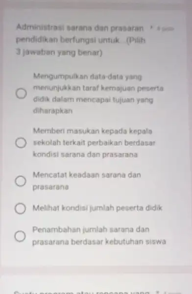 pendidikan berfungsi untuk . (Pilih 3 jawaban yang benar) Mengumpulkan data-data yang menunjukkan taraf kemajuan peserta didik dalam mencapai tujuan yang diharapkan Memberi masukan