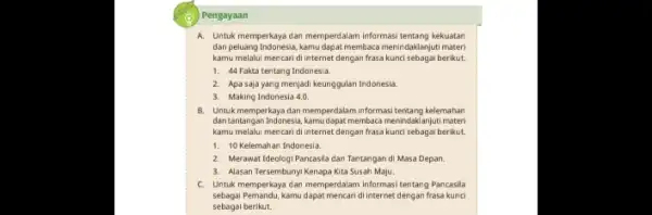 Pengayaan A. Untuk memperkaya dan memperdalam informasi tentang kekuatan dan peluang Indonesia, kamu dapat membaca menindaklanjuti materi kamu melalui mencari di internet dengan frasa