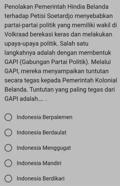 Penolakan Pemerintah Hindia Belanda terhadap Petisi Soetardjo menyebabkan partai-partai politik yang memiliki wakil di Volkraad berekasi keras dan melakukan upaya-upa)a politik . Salah satu