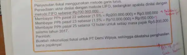 Penyusutan fiskal menggunakan metode garis lurus. Penyusutan akhir dinilai dengan metode LIFO sedangkan apabila dinilai dengan metode FIFO sebesar Rp700.000,000 Membayar PPh pasal 22