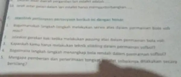 pergantian tari estafet adalah 10. larak antar palan dalam lari estafet harus mempertimbangkan __ pertanyaan berikut in 1. Bagaimanakah langkah-langkah melakukan servis atas dalam