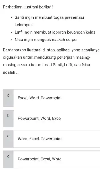 Perhatikan ilustrasi berikut! Santi ingin membuat tugas presentasi kelompok - Lutfi ingin membuat laporan keuangan kelas - Nisa ingin mengetik naskah cerpen Berdasarkan ilustrasi