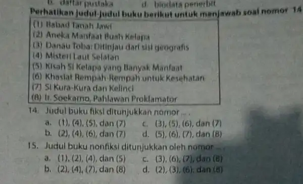 Perhatikan judul-Judul buku berikut untuk menjawab soal nomor 14 (1) Babad Tanah Jawi (2) Aneka Manfaat Buah Kelapa (3) Danau TobarDitinjau dari sisi geografis