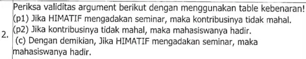 Periksa validitas argument berikut dengan menggunakan table kebenaran! (p1) Jika HIMATIF mengadakan seminar, maka kontribusiny tidak mahal. (p2) Jika kontribusiny tidak mahal , maka