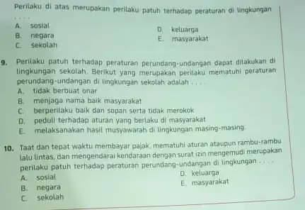 Perilaku di atas merupakan perilaku patuh terhadap peraturan di lingkungan __ A. sosial D. keluarga B. negara E. masyarakat C. sekolah 9. Perilaku patuh