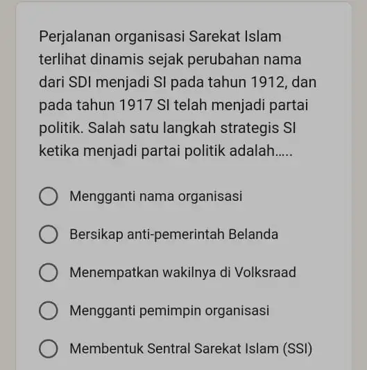 Perjalanan organisasi Sarekat Islam terlihat dinamis sejak perubahan nama dari SDI menjadi SI pada tahun 1912, dan pada tahun 1917 SI telah menjadi partai