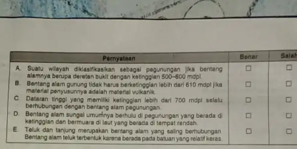 Pernyataan & Benar & Salah }(l) A. Suatu wilayah diklasifikasikan sebagal pegunungan jlka bentang alamnya berupa deretan bukit dengan ketinggian 500-600 mathrm(mdpl) . B.