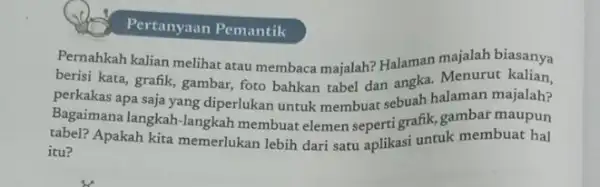 Pertanyaan Pemantik Pernahkah kalian melihat atau membaca majalah? Halaman majalah biasanya berisi kata, grafik, gambar,foto bahkan tabel dan angka. Menurut kalian, perkakas apa saja