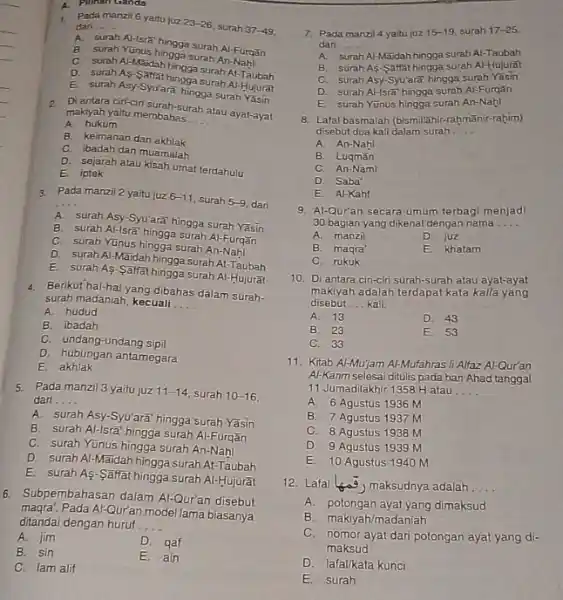 A. Pilinan Ganda 1. Pada manzil 6 yaitu juz 23-26 surah 37-49 dan __ . A. surah Al-Isra hingga surah Al-Furgǎn B surah Yunus