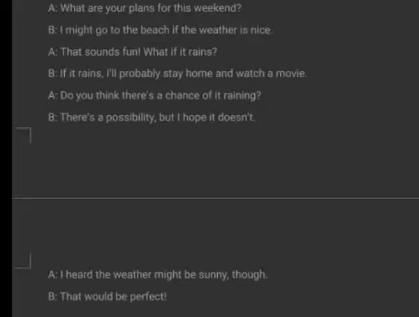 A: What are your plans for this weekend? B: I might go to the beach if the weather is nice. A: That sounds fun!What