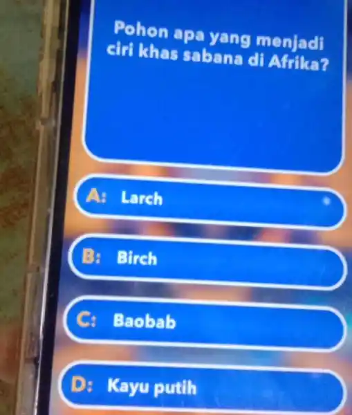 Poho napa ya ng menjadi has s aban a di Afrika? A:Larch B:Birch Baoba D: Kayu putih