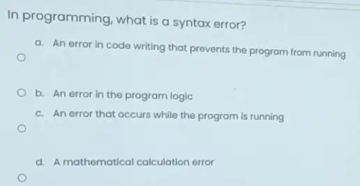 In programming, what is a syntax error? a. An error in code writing that prevents the program from running b. An error in the