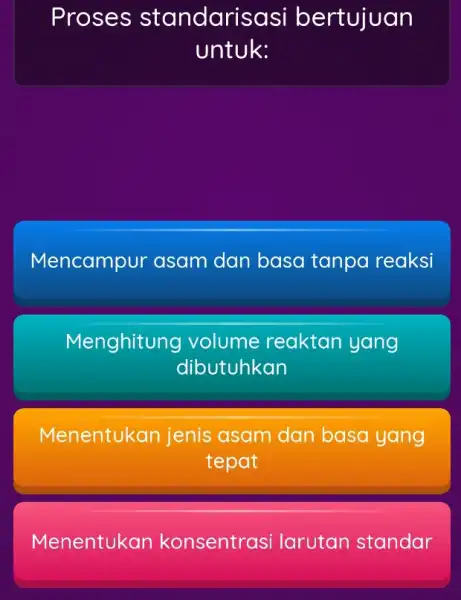 Proses standari sasi bertujuan untuk: Mencampur asam dan basa tanpa reaksi Menghitung volume reaktan yang dibutuhkan Menentukan jenis asam dan basa yang tepat Menentukan