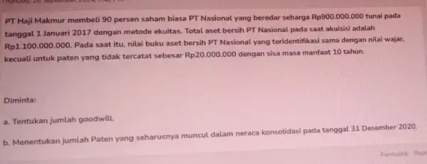 PT Haji Makmur membeli 90 persen saham biasa PT Nasional yang beredar seharga Rp900.000.000 tunai pada tanggal 1 Januari 2017 dengan metode ekuitas. Total