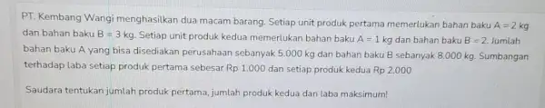 PT. Kembang Wangi menghasilkan dua macam barang. Setiap unit produk pertama memerlukan bahan baku A=2 kg dan bahan baku B=3 kg. Setiap unit produk