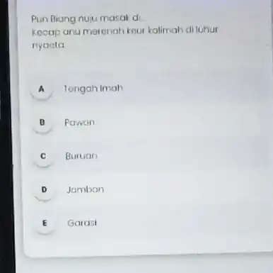 Pun Biang nuju masor di Kocap anumerenah keur kalimah di luhur nyoeta A Tengah Imah B Pawon C Buruan D Jamban E Garasi