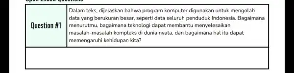 Question #1 Dalam teks, dijelaskan bahwa program komputer digunakan untuk mengolah data yang berukuran besar, seperti data seluruh penduduk Indonesia. Bagaimana menurutmu, bagaimana teknologi