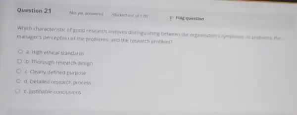 Question 21 Which characteristic of good research involves distinguishing between the organizations symptoms, its problems, the manager's perception of the problems, and the research