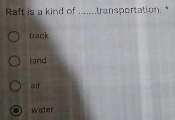 Raft is a kind of __ transportation x track land air D water