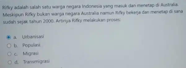 Rifky adalah salah satu warga negara Indonesia yang masuk dan menetap di Australia. Meskipun Rifky bukan warga negara Australia namun Rifky bekerja dan menetap