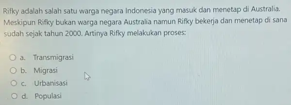 Rifky adalah salah satu warga negara Indonesia yang masuk dan menetap di Australia. Meskipun Rifky bukan warga negara Australia namun Rifky bekerja dan menetap