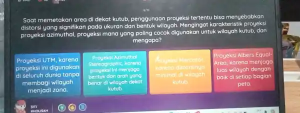 Saat memetakan area di dekat kutub penggunaan proyeksi tertentu bisa menyebabkan distorsi yang signifikan pada ukuran dan bentuk wilayah Mengingat karakteristik proyeksi proyeksi azimuthal,proyeksi