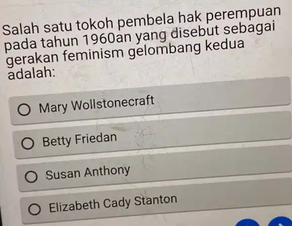 Salah s atu tokoh pe mbela hak pe re pada tahun 1960an yang disebut se bagai gerakan f eminism gelo mbang k edua ad