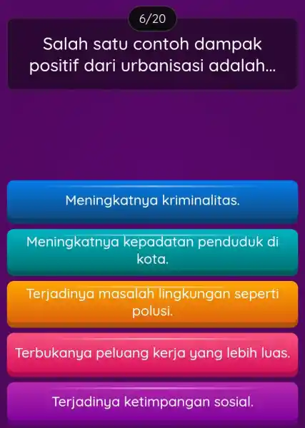 Salah satu contoh dampak positif dari urbanisas i adalah __ Meningkatnya kriminalitas. Meningkatnya kepadatan penduduk di kota. Terjadinya masalah lingkungan seperti polusi. Terbukanya peluang